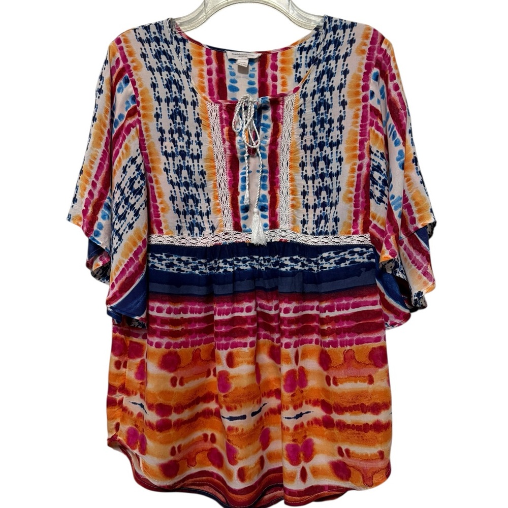 Beachlunchlounge Blue Orange Yellow Tie Dye  Blouse/Cover-Up Short Sleeves Large
